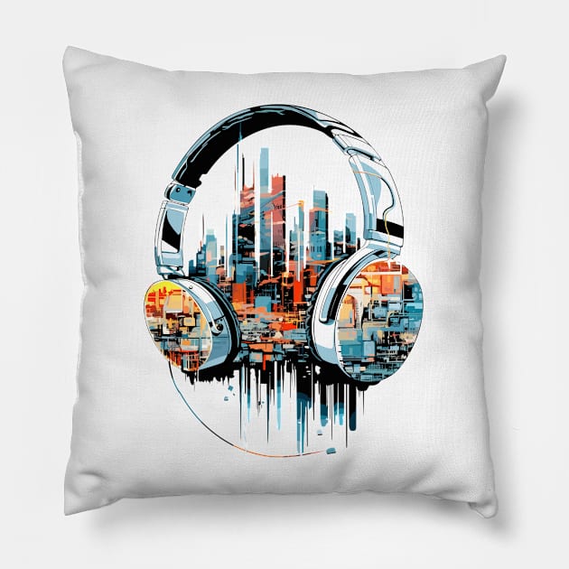 Headphone Urbain World Fun Musical Life City Skylines Pillow by Cubebox