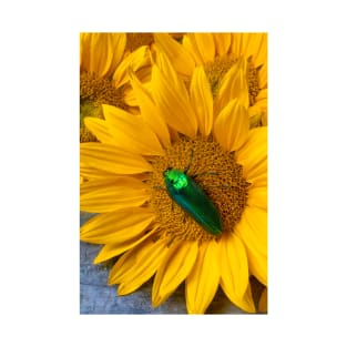 Large Green Beatle On Sunflower T-Shirt