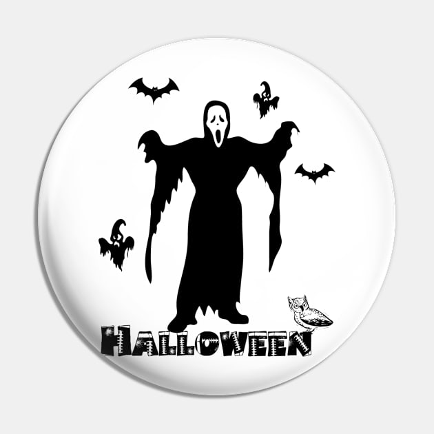 Halloween Scary Death Face, Scary Ghosts And Bats Black And White Graphic Design, Halloween Party, October 31st Holidays Pin by Modern Art