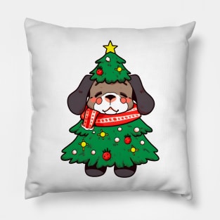 Cute Puppy Wearing A Christmas Tree Pillow