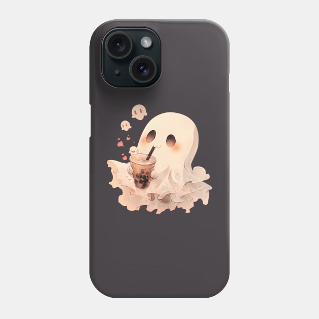 Spooky Sheet Ghost enjoying boba tea on Halloween Phone Case by Lunatic Bear