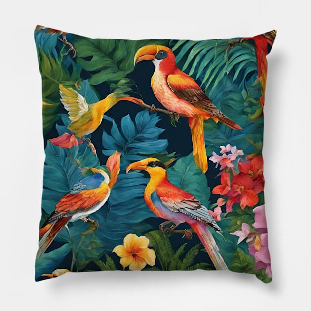 AI Tropical Birds and Flowers Pillow by nancy.hajjar@yahoo.com