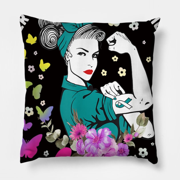 Style Cancer Cervical Cancer Awareness Warrior Teal Ribbon Strong Woman Pillow by designathome