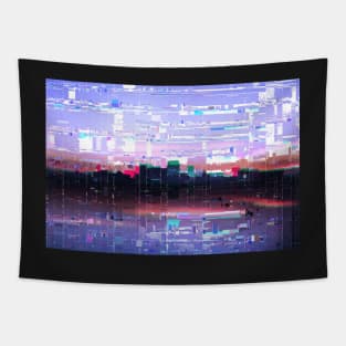 Glitched cyberpunk city skyline Tapestry