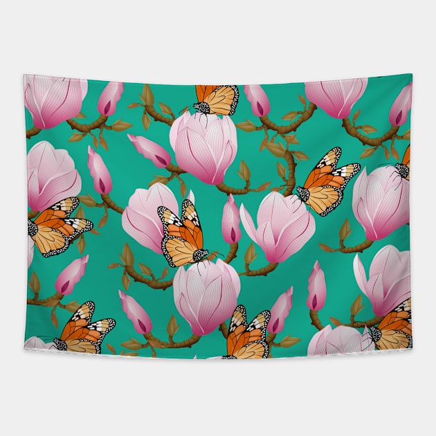 Magnolia Flowers With Butterflies Tapestry by Designoholic