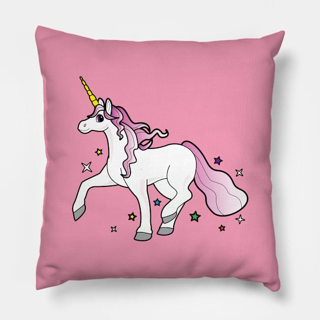 Cartoon Unicorn Trotting through the Stars Pillow by PenguinCornerStore