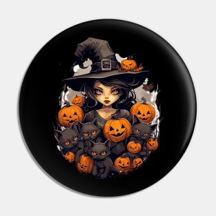 Cute Halloween Witch with Black Cats and Pumpkins Pin