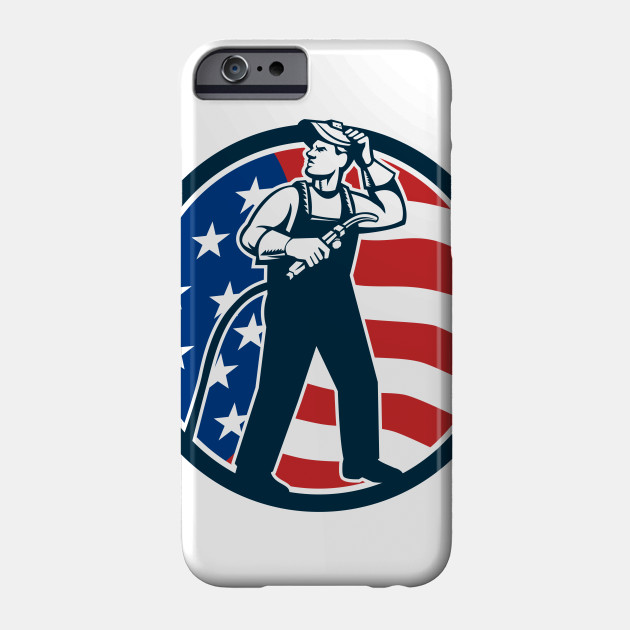 Welder Standing Visor Up Usa Flag Circle Retro Retro Phone