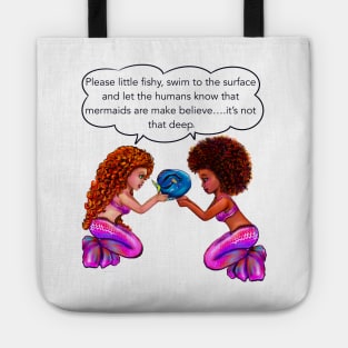 Best mermaid gifts 2022. anime black and white mermaids with blue tang fish and bubbles. Pretty black  and white girls with Afro hair, green eyes, Cherry pink lips and dark brown skin. Hair love ! Tote