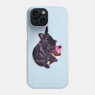 bunny rabbit cute  ebony colored coloured lionhead bunny rabbit  licking a three scoop icecream Phone Case