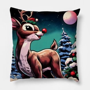 Illuminate the Holidays: Whimsical Rudolph the Red-Nosed Reindeer Art for Festive Christmas Prints and Joyful Decor! Pillow