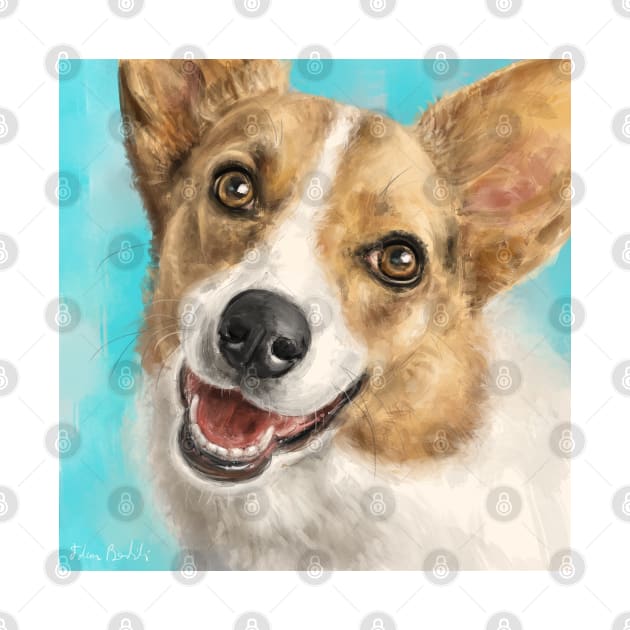 Painting of a Happy Adorable Corgi Dog on Blue Background by ibadishi