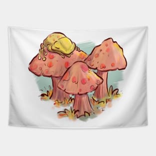 Frog sleeping on a mushroom Tapestry