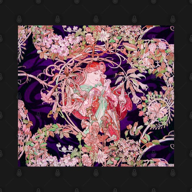 Woman with Daisy Among Pink Flowers ,Wild Roses,Floral Swirls Art Nouveau Portrait by BulganLumini