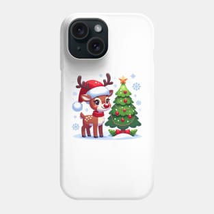 "Jolly Reindeer & Christmas Tree" - Whimsical Holiday Illustration Phone Case