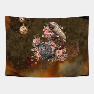 Steampunk design with clocks, gears and flowers Tapestry