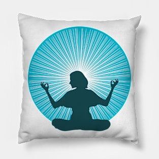 Woman in yoga pose with blue halo light Pillow