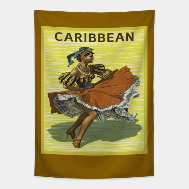 Vintage Caribbean Dancer Travel Poster Tapestry by xposedbydesign