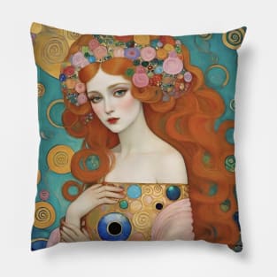 Gustav Klimt's Enigmatic Muse: Inspired Woman in Gilded Splendor Pillow