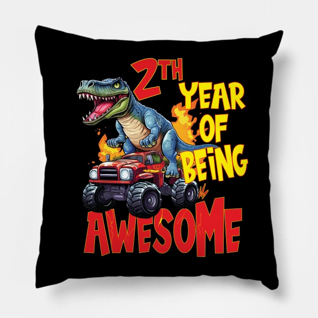 2nd Year of Being Awesome 2yr Birthday Truck Dinosaur Boy Girl 2 Years Old Pillow by Envision Styles