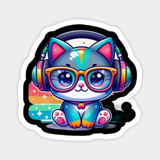 Cute Colorful Cat with glasses and headphone Magnet