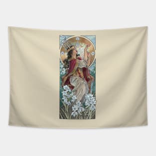 Lady of December with White Narcissus and Saint Lucy Candle Crown Goddess Mucha Inspired Birthstone Series Tapestry