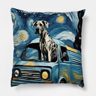 Great Dane Dog Breed Painting in a Van Gogh Starry Night Art Style Pillow