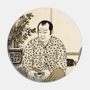 Asian elderly man sitting in lotus position drinking tea Pin