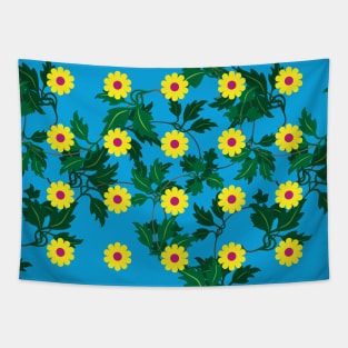 Yellow daisies with Cerise centres over layers of vine leaves on a Vibrant Blue background Tapestry