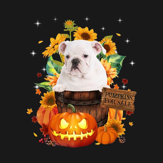 White English Bulldog Halloween Pumpkin Fall Bucket by Marcelo Nimtz