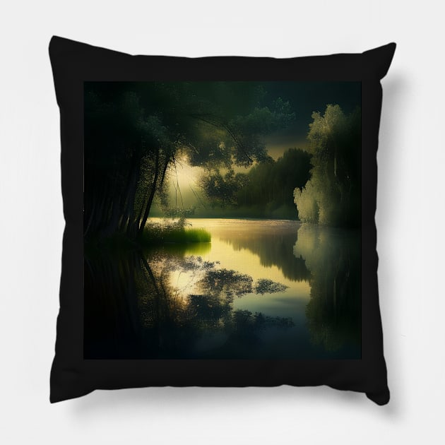 Golden Hour on the Lake Forest Pillow by D3monic