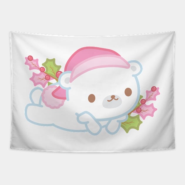 Cute Little White Polar Bear Wearing a Santa Hat Thinking About Christmas Tapestry by cSprinkleArt