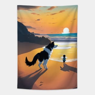 child playing with a dog on the beach. Tapestry