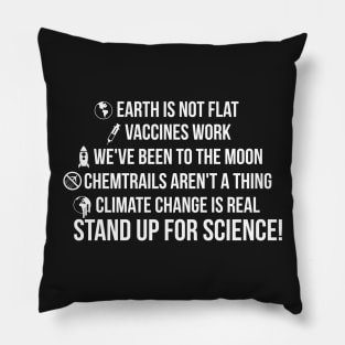 Earth is not flat! Vaccines work! We've been to the moon! Chemtrails aren't a thing! Climate change is real! Stand up for science! Pillow