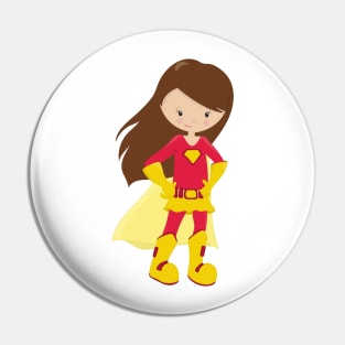 Superhero Girl, Cute Girl, Brown Hair, Red Costume Pin