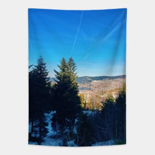 coniferous trees on the top of mountain hills Tapestry