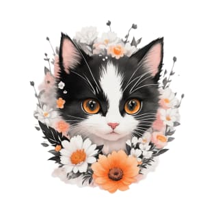Tuxedo Cat's Blooming Beauty: Vintage Floral Delight T-Shirt