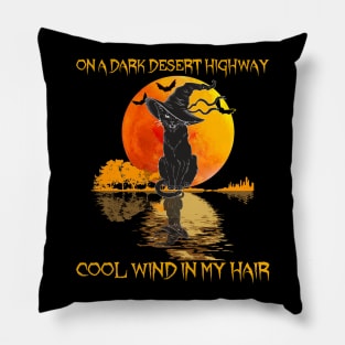 Black Cat Witch Hat On A Dark Desert Highways Halloween Shirt Pillow