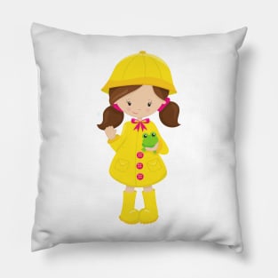 Girl In Raincoat, Boots, Brown Hair, Frog Pillow