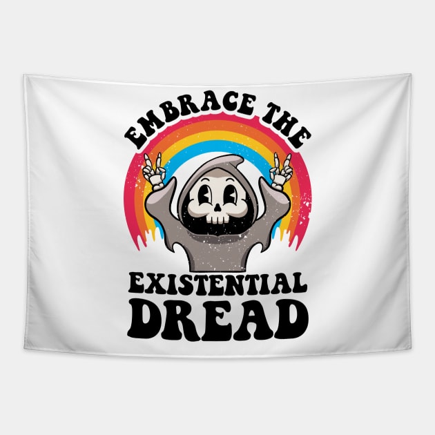 Embrace The Existential Dread Retro Cartoon Nihilism Anxiety Tapestry by MerchBeastStudio