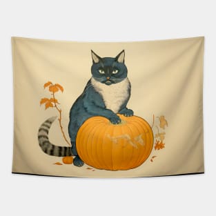 Japanese Cat on a Halloween Pumpkin During the Halloween Season on a Dark Background Tapestry