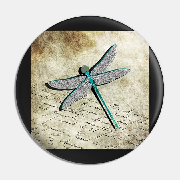 Dragonfly Teal Vintage Graphic Art Journals & Gifts Insect Gift Pin by tamdevo1