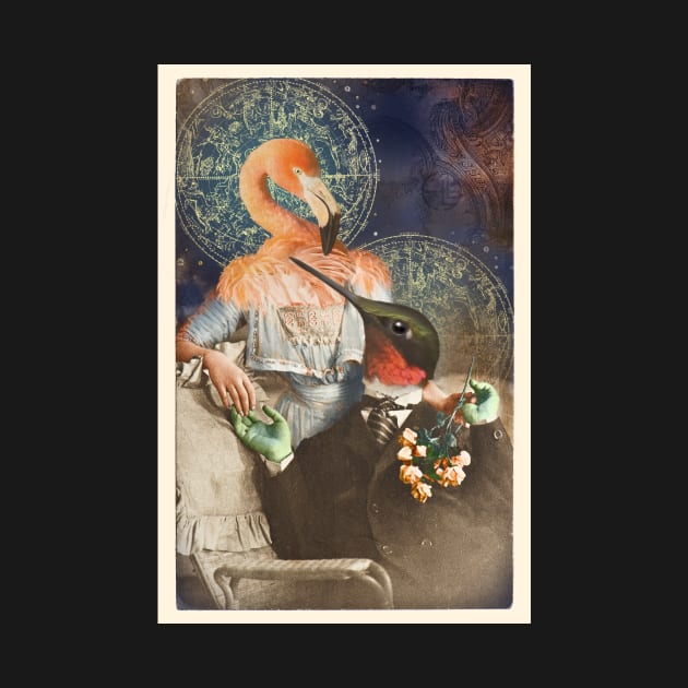 Lovebirds Hummingbird and Flamingo old timey Victorian daguerrotype astrological mystical portrait by sandpaperdaisy