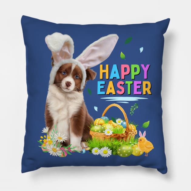 Happy Easter Dog Cute Australian Shepherd Pillow by Hypnotic Highs