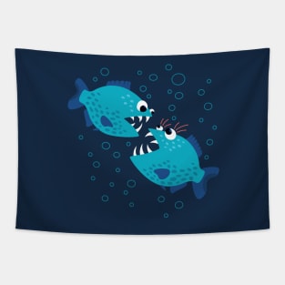 Funny Gossiping Blue Piranha Fish Tapestry