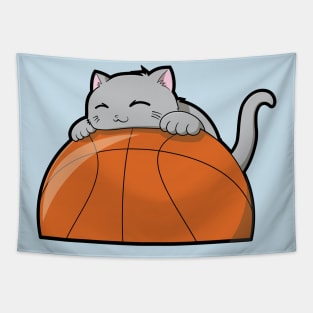 Cute Cat Hugging A Basketball Tapestry