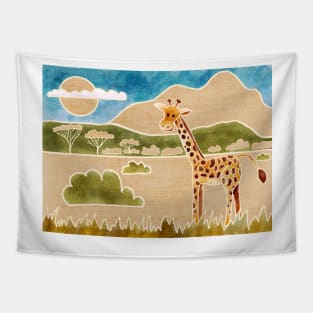 Cute Giraffe in the Savannah, Batik silk painting style Tapestry