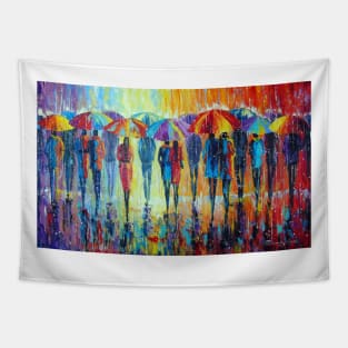 Lovers notice not rain, but multi-colored umbrellas Tapestry