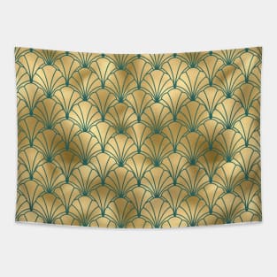 Teal and Gold Vintage Art Deco Scallop Shell Pattern Tapestry