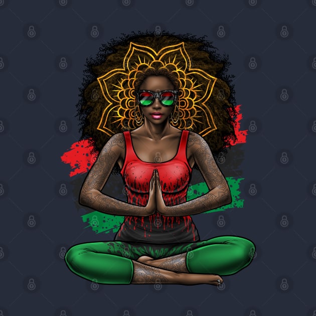 Black Beauty With Afro Love Yoga and Pan African Flag by Winya